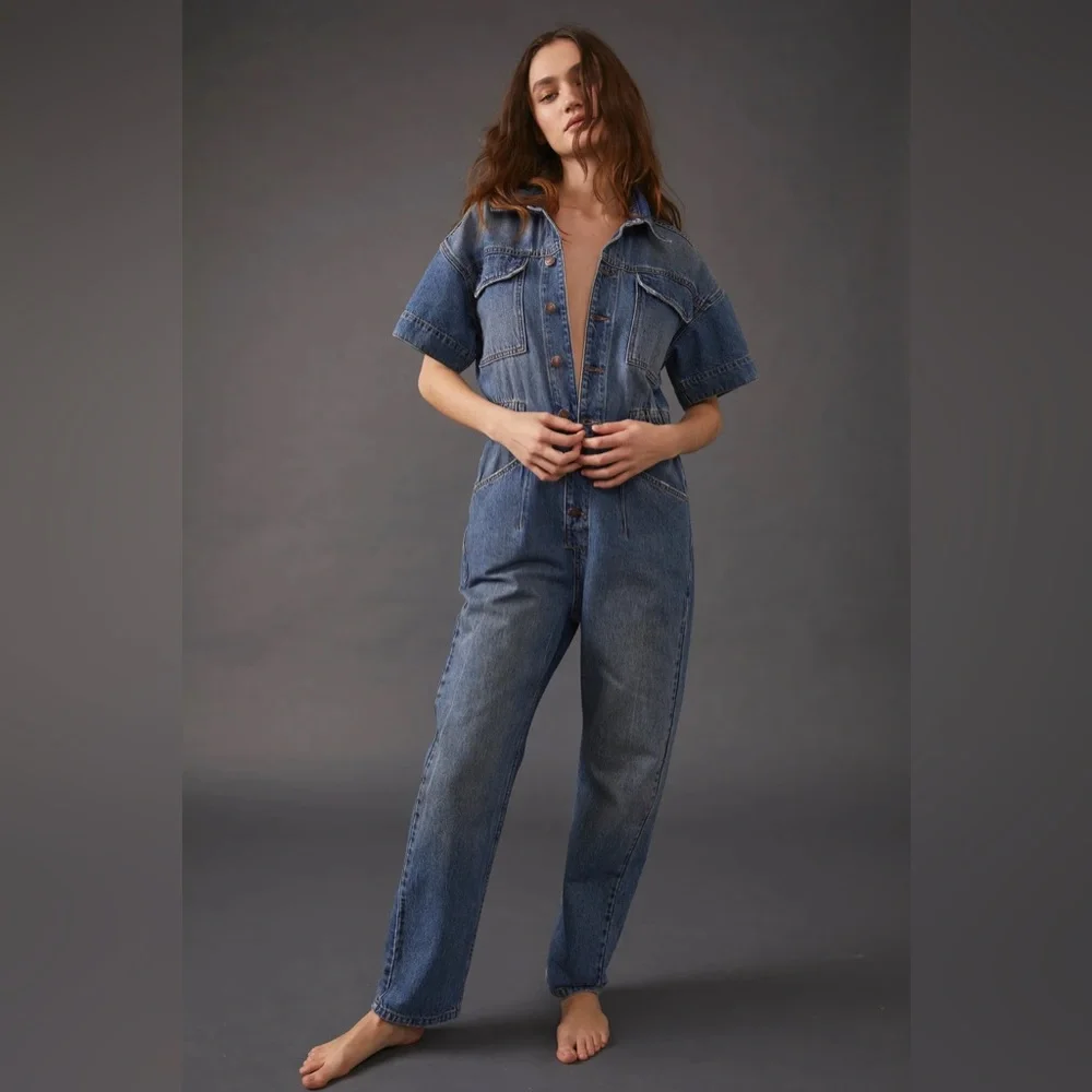 Free People We The Free Marci Denim Jumpsuit in High Noon Size Small - Picture 2 of 15